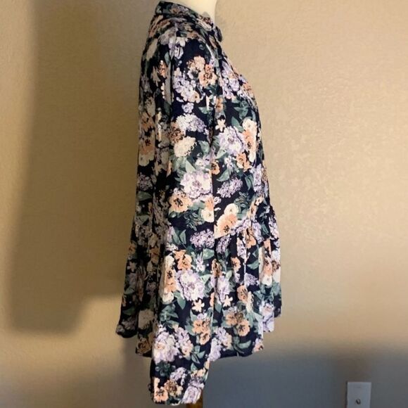 Navy Blue Floral Long Sleeve Top Key Hole Neck L - Picture 3 of 11